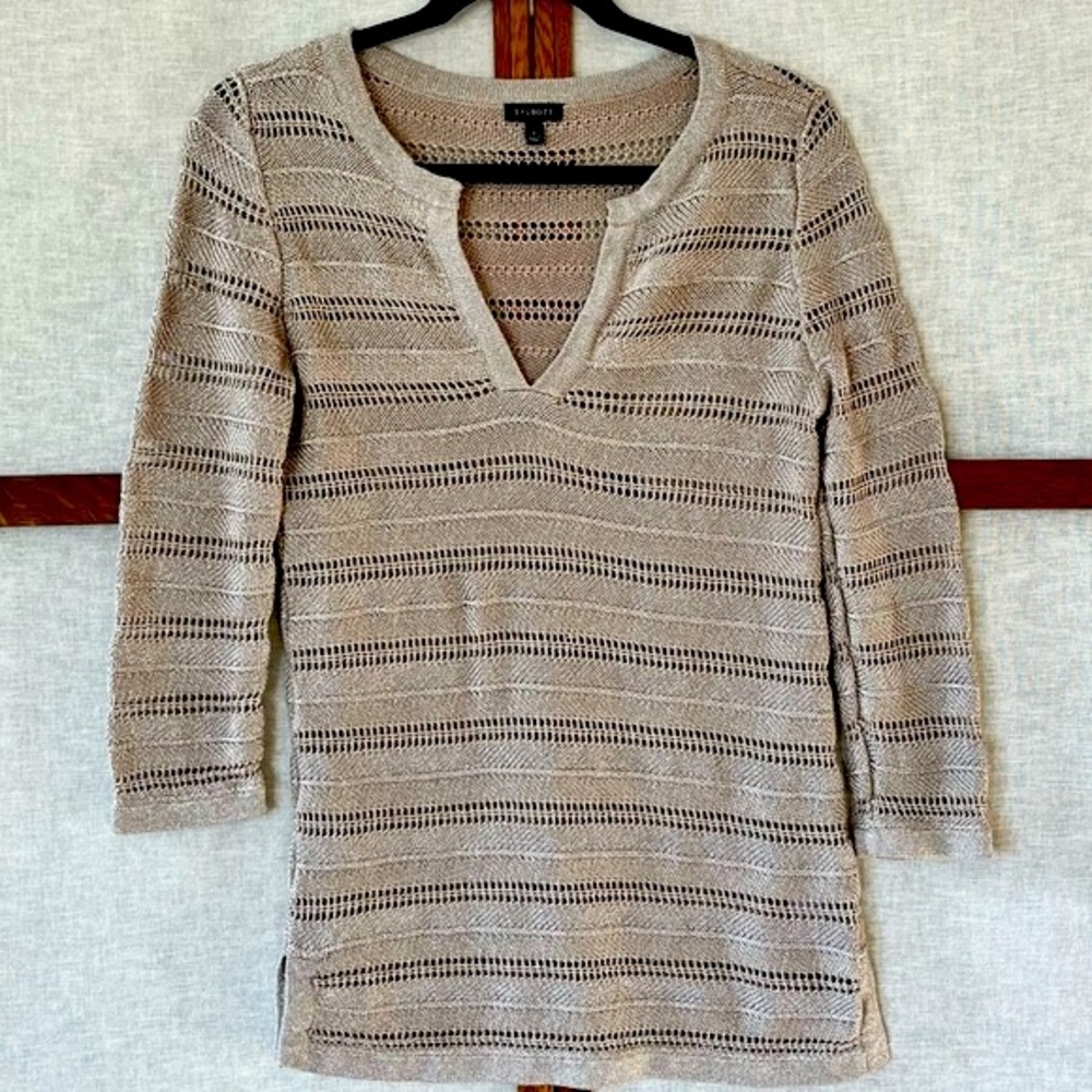 Talbots Metallic Gold Crochet Style Evening Linen Blend Tunic Top - Small